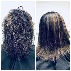 New Brush on the Block: Meet Brushopolis (Our Review) 6 Before and After photo. Curly textured hair on left, straight smooth hair on right.