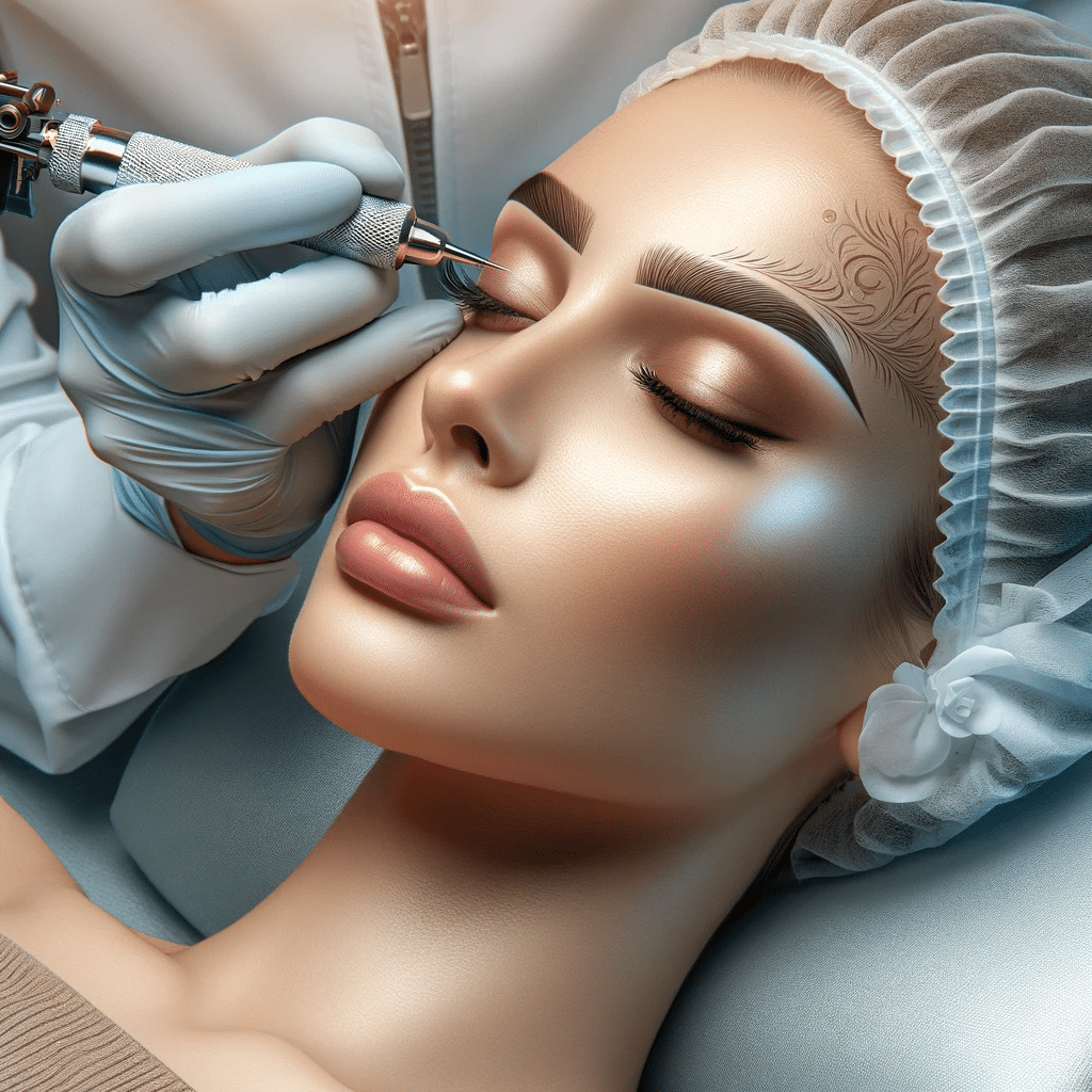 a person undergoing the nanoblading procedure with a technician using a nano cartridge-equipped tattoo machine to create natural-looking hair strokes on the eyebrows